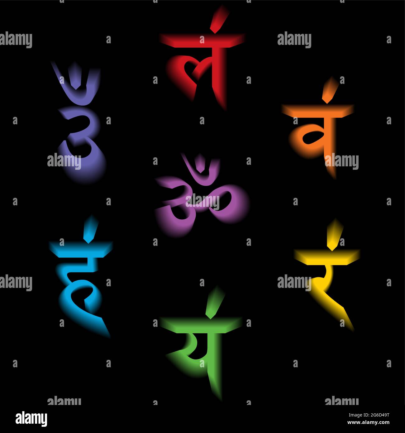Les sept mantras bija avec chakras 3D ensemble Sanskrit coloré Letoig isolé sur fond noir. Illustration linéaire des signes hindouistes Illustration de Vecteur