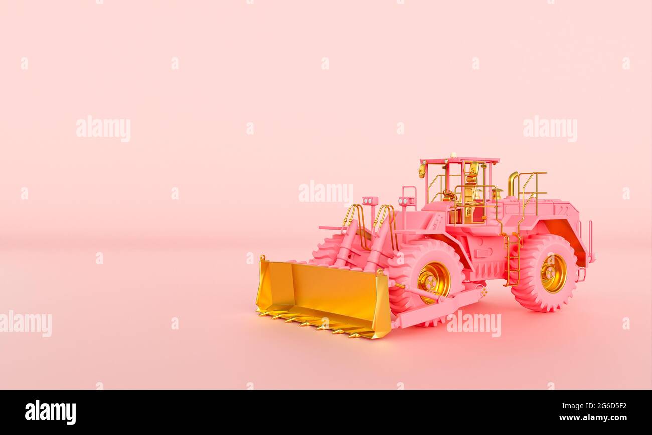 gros bulldozer rose et or sur fond rose. rendu 3d. Banque D'Images
