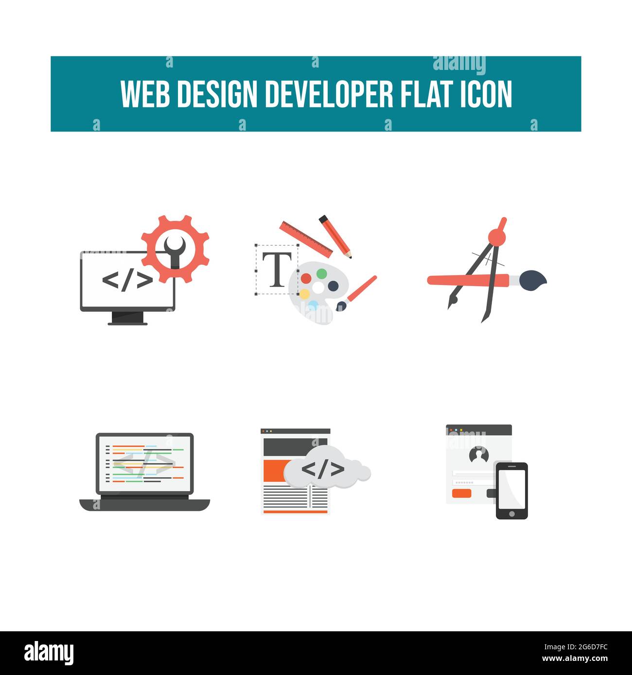 Image vectorielle des icônes plates de développement Web. Symboles de concept d'icône plate de vecteur de développement Web pour la conception d'infographies Web Illustration de Vecteur