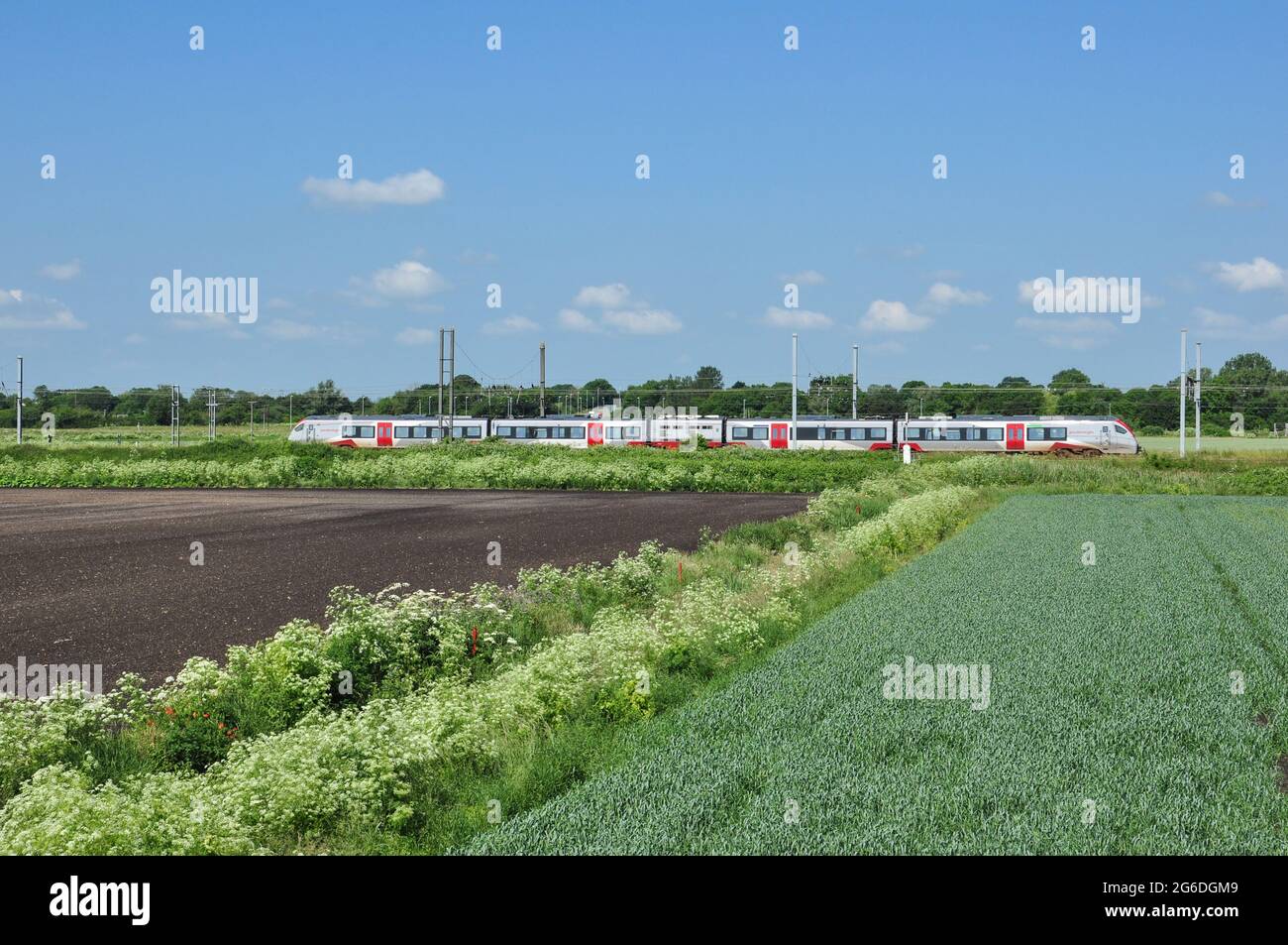 Champs agricoles Fenland avec passage de train de voyageurs bimode de classe 755, Ely, Cambridgeshire, Angleterre, Royaume-Uni Banque D'Images