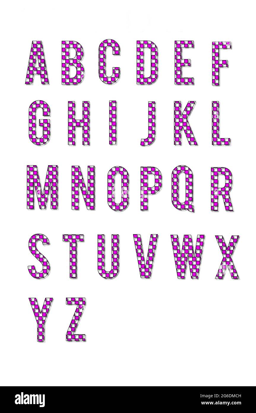 Les lettres à carreaux 2D sont de couleur rose vif et sont soulignées en noir. Les lettres DE A à Z remplissent la page avec un arrière-plan blanc. Banque D'Images