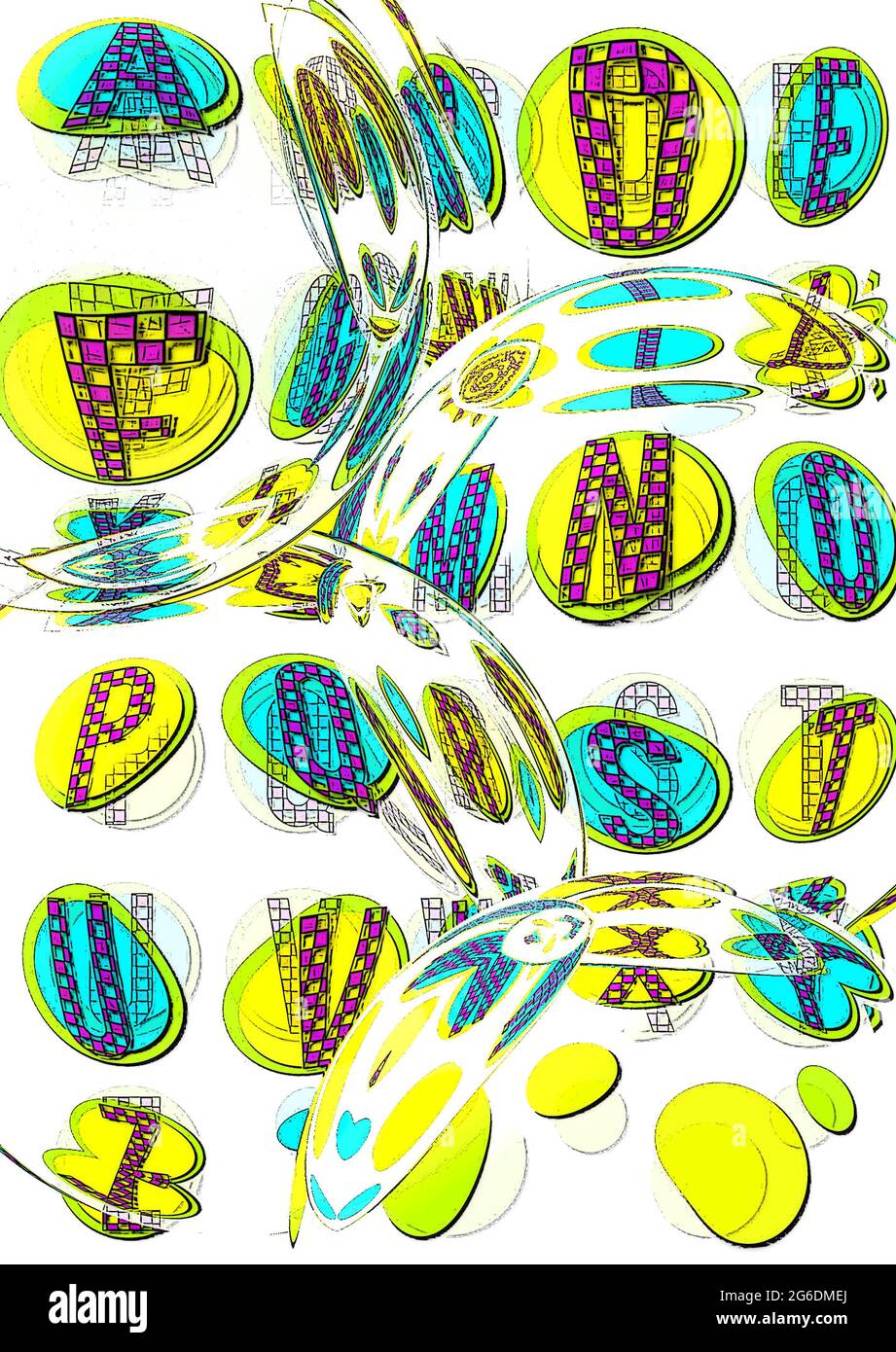 Les lettres de l'alphabet sont imprimées sur des boules de verre et flottent dans l'air. Les lettres sont damirées en rose vif et superposées sur des cercles jaunes, verts et aqua. Banque D'Images