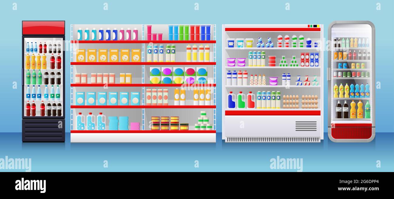 Achetez des réfrigérateurs, une vitrine de réfrigération avec des packs de produits colorés Illustration de Vecteur Achetez des réfrigérateurs, une vitrine de réfrigération avec des packs de produits colorés Illustration de Vecteur