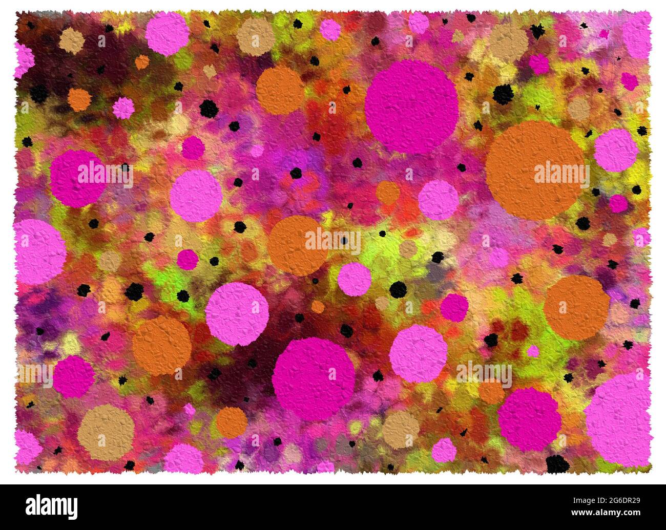 L'arrière-plan est rempli de taches et de points sur une toile froissée avec une bordure déchirée. Les couleurs incluent le rose chaud et l'orange. Banque D'Images