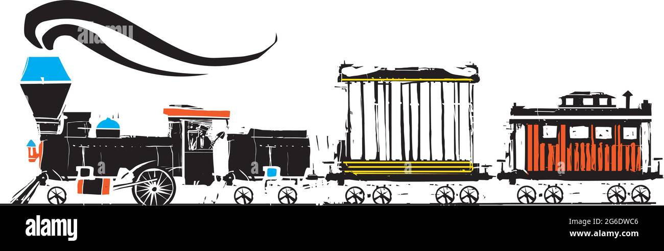 Voiture de cirque et locomotive à vapeur de style expressionniste avec coupe de bois Illustration de Vecteur