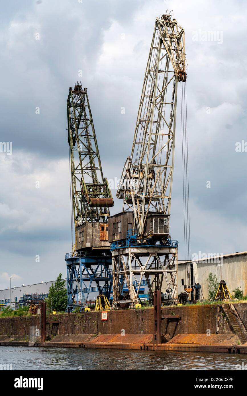 Duisburg Ruhrort Inland port, canal portuaire, vieilles grues portuaires, sur Speditionsinsel, NRW, Allemagne, Banque D'Images