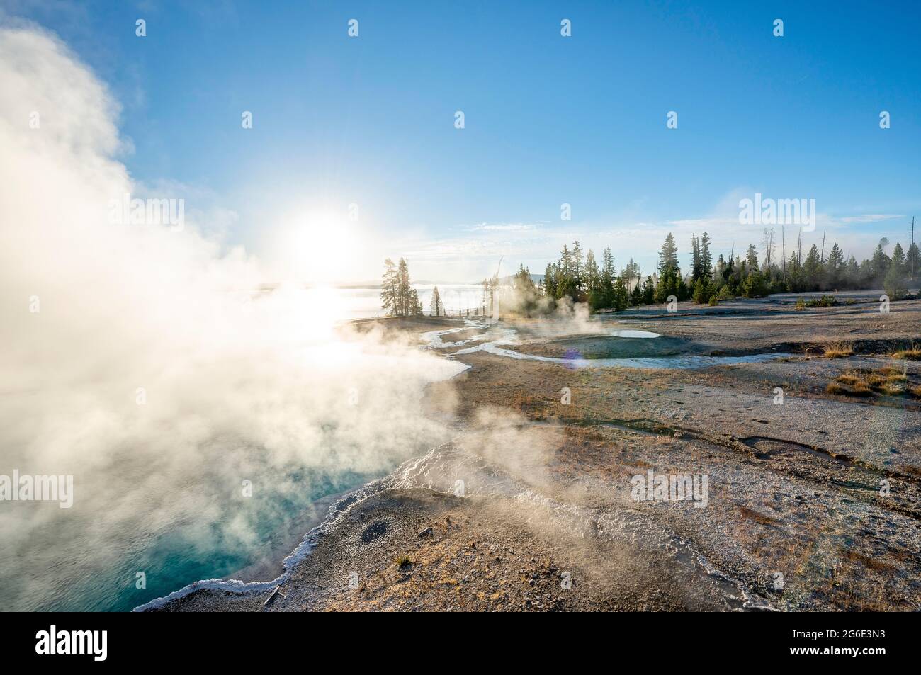 Sources chaudes à la vapeur avec eau turquoise au soleil du matin, piscine noire, bassin West Thumb Geyser, parc national de Yellowstone, Wyoming, États-Unis Banque D'Images