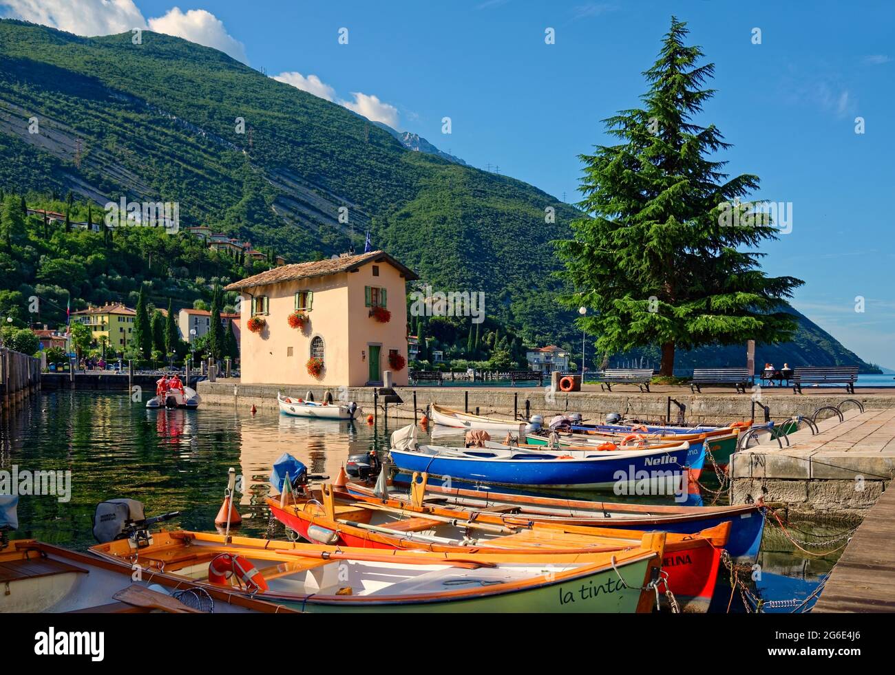 Petit port avec des bateaux colorés, Turbel, Lac de Garde Nord, Riva de Gardo, Trentin-Haut-Adige, Italie Banque D'Images