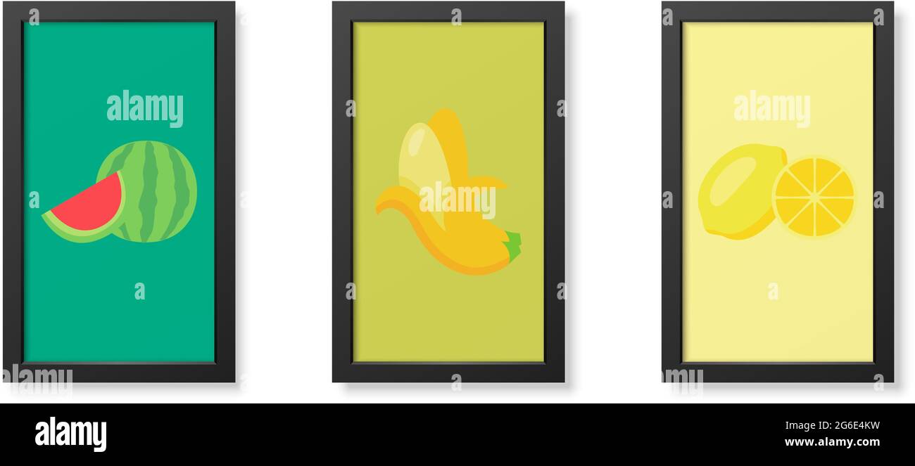 Trois affiches minimalistes dans cadre moderne noir, fruits pastèque, banane et citron - illustration vectorielle Illustration de Vecteur