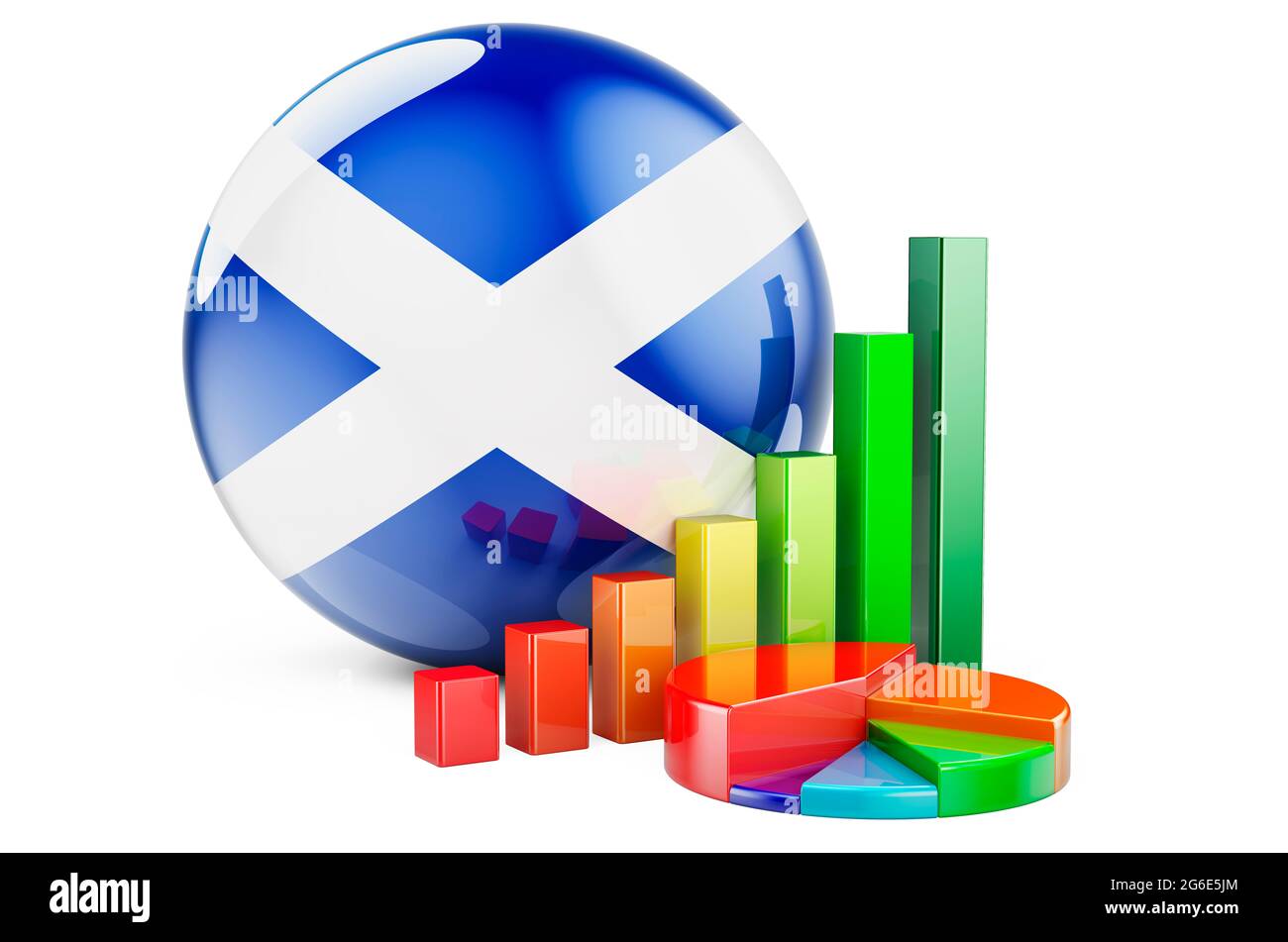 Drapeau écossais avec graphique à barres de croissance et graphique à secteurs. Le monde des affaires, de la finance, des statistiques économiques en Écosse concept. Rendu 3D isolé sur fond blanc Banque D'Images