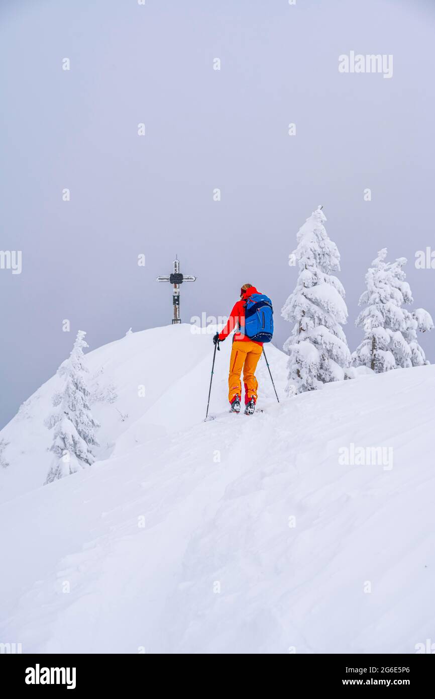 Jeune femme en excursion de ski, ski-Tourers, sommet de Rauhkopf en hiver, montagnes de Mangfall, Prealps bavarois, haute-Bavière, Bavière, Allemagne Banque D'Images