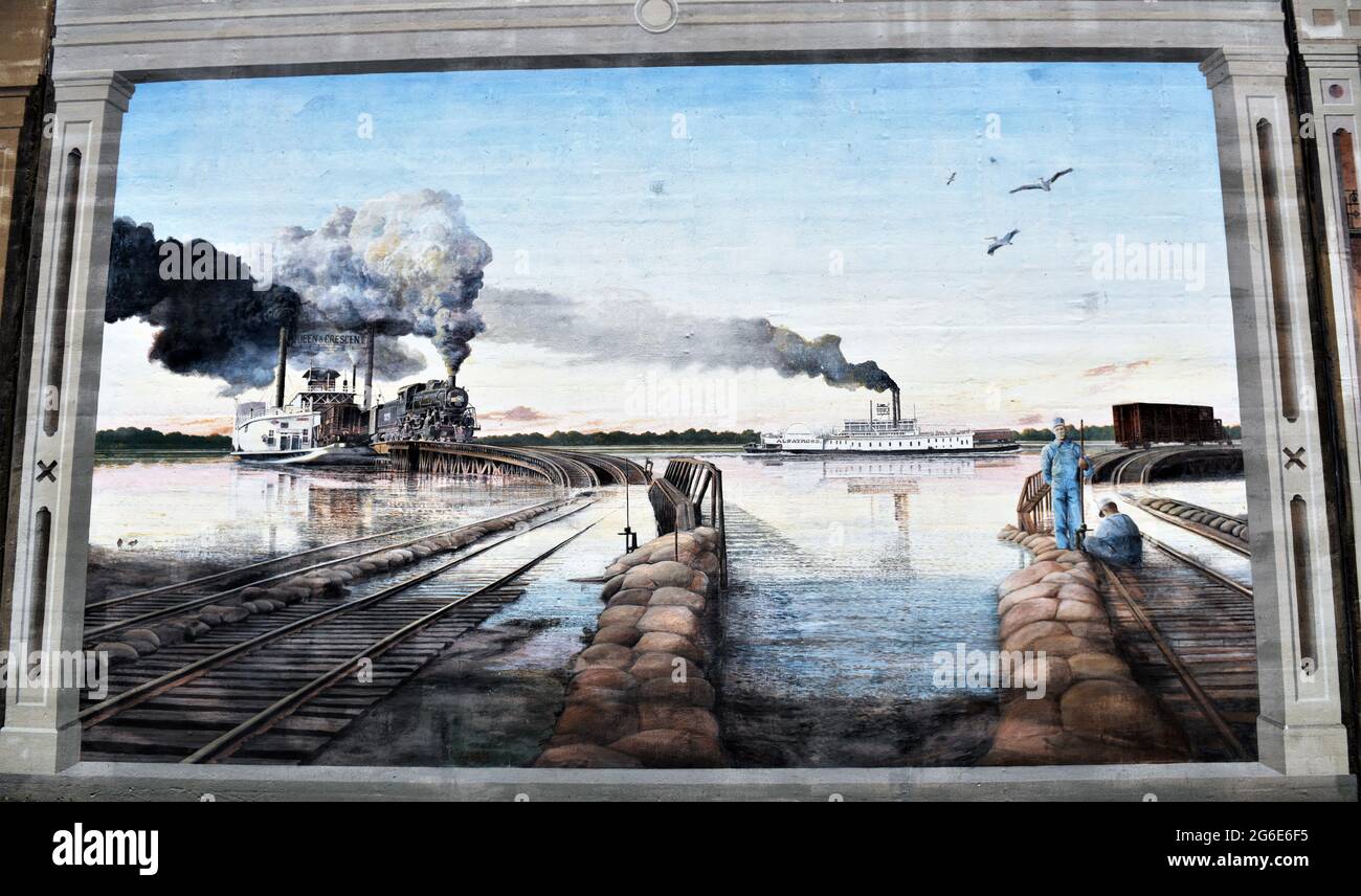 Traversée du Mississippi, partie des peintures murales de Vicksburg Riverfront. Banque D'Images