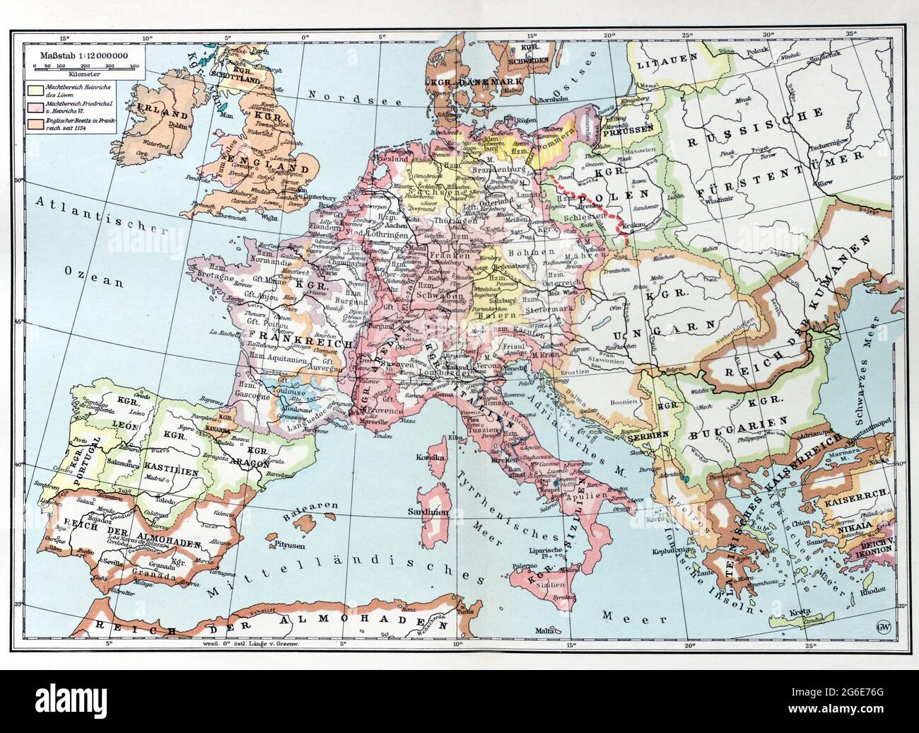 Ancienne carte de l'Europe autour de l'an 1200 Banque D'Images