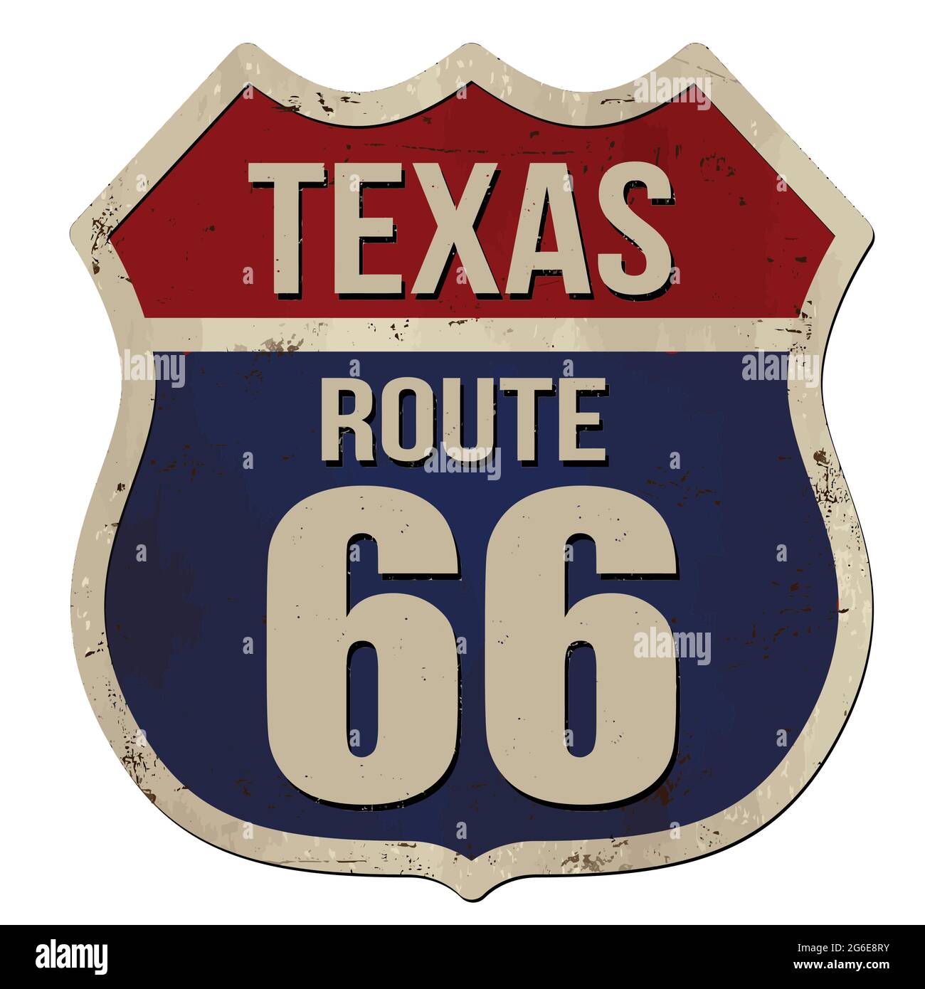 Texas, route 66 vintage rusty métal signe sur fond blanc, illustration vectorielle Illustration de Vecteur