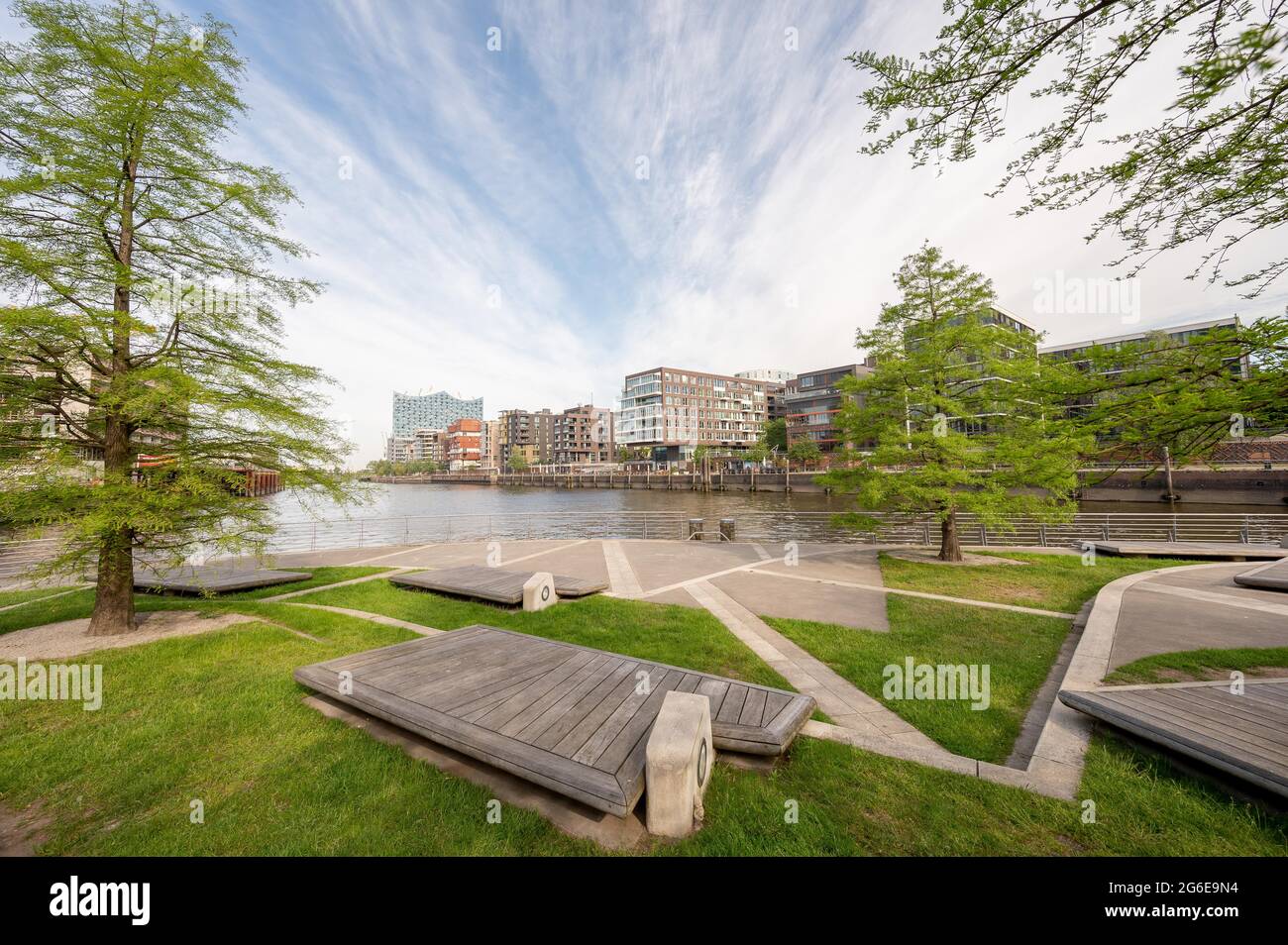 Terrasses Marco Polo donnant sur la Hafencity. Hambourg, Allemagne Banque D'Images