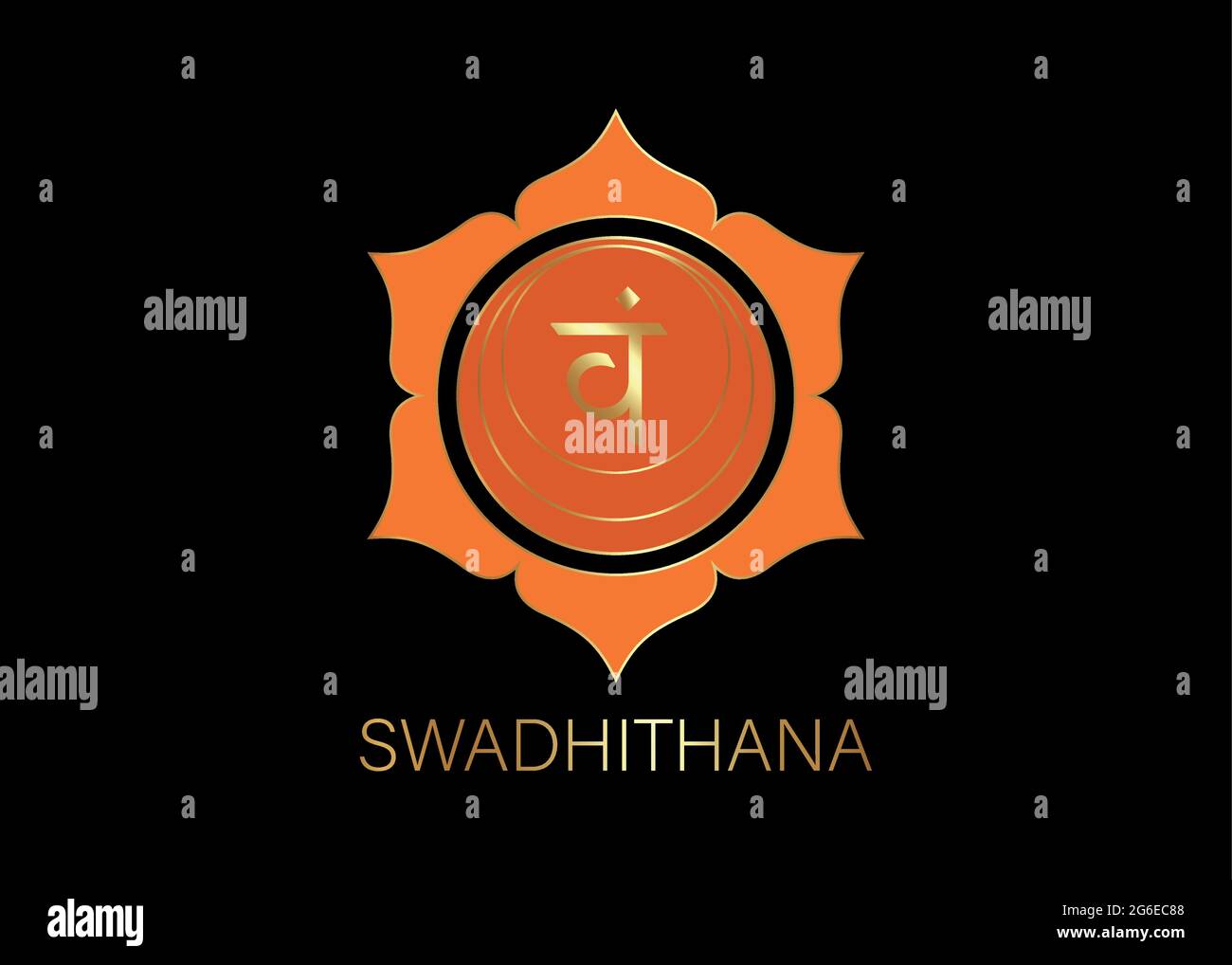 Deuxième Swadhisthana chakra avec le mantra de semence hindou Sanskrit VAM. Symbole de style plat orange et or pour la méditation et le yoga. Modèle de logo Illustration de Vecteur