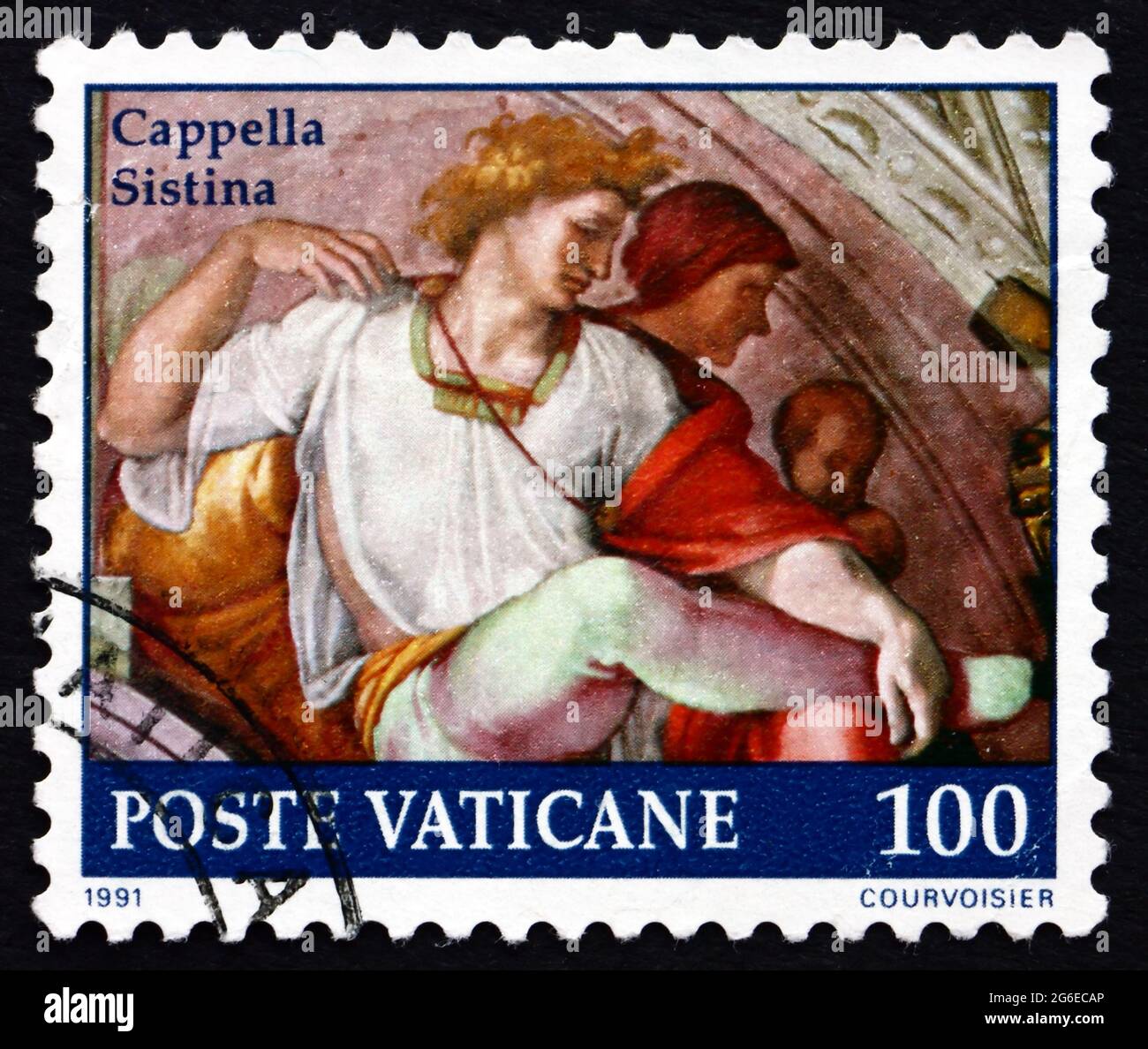 VATICAN - VERS 1991: Un timbre imprimé au Vatican montre Éléazar avec sa femme, Michel-Ange, détail de Lunettes, peinture de la Chapelle Sixtine, circ Banque D'Images