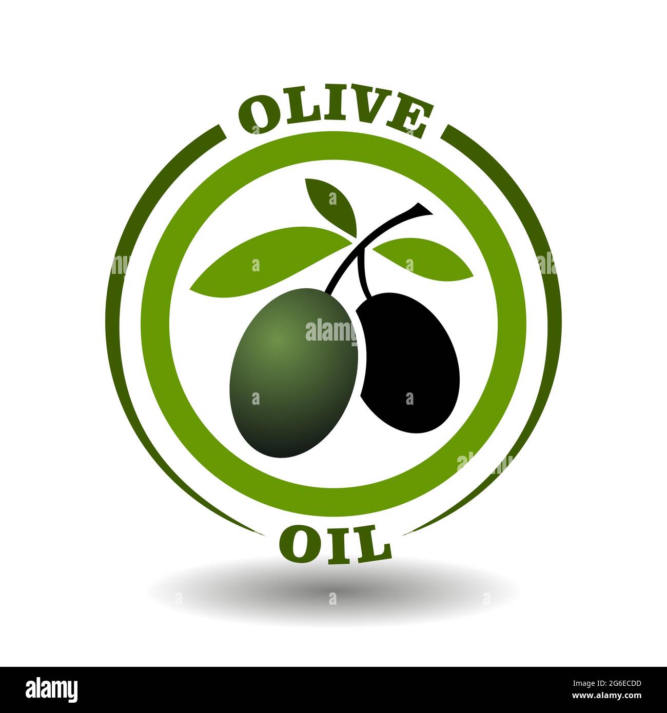 Logo cercle vectoriel huile d'olive avec branche de feuilles vertes et symbole de fruits noirs sur un pictogramme rond pour l'enseigne des cosmétiques biologiques, étiquettes d'étiquetage des aliments naturels Illustration de Vecteur