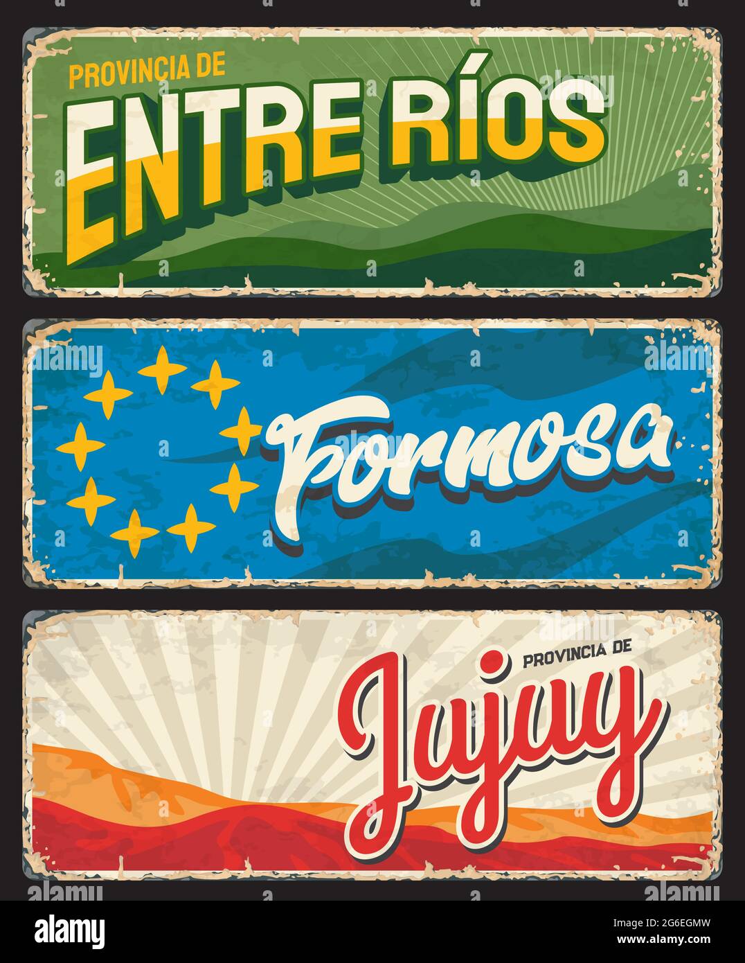 Formosa, entre Rios et Jujuy, provinces argentines plaques millésimes. Étoiles jaunes vectorielles, rives vertes et colline de sept couleurs, Argentine Illustration de Vecteur