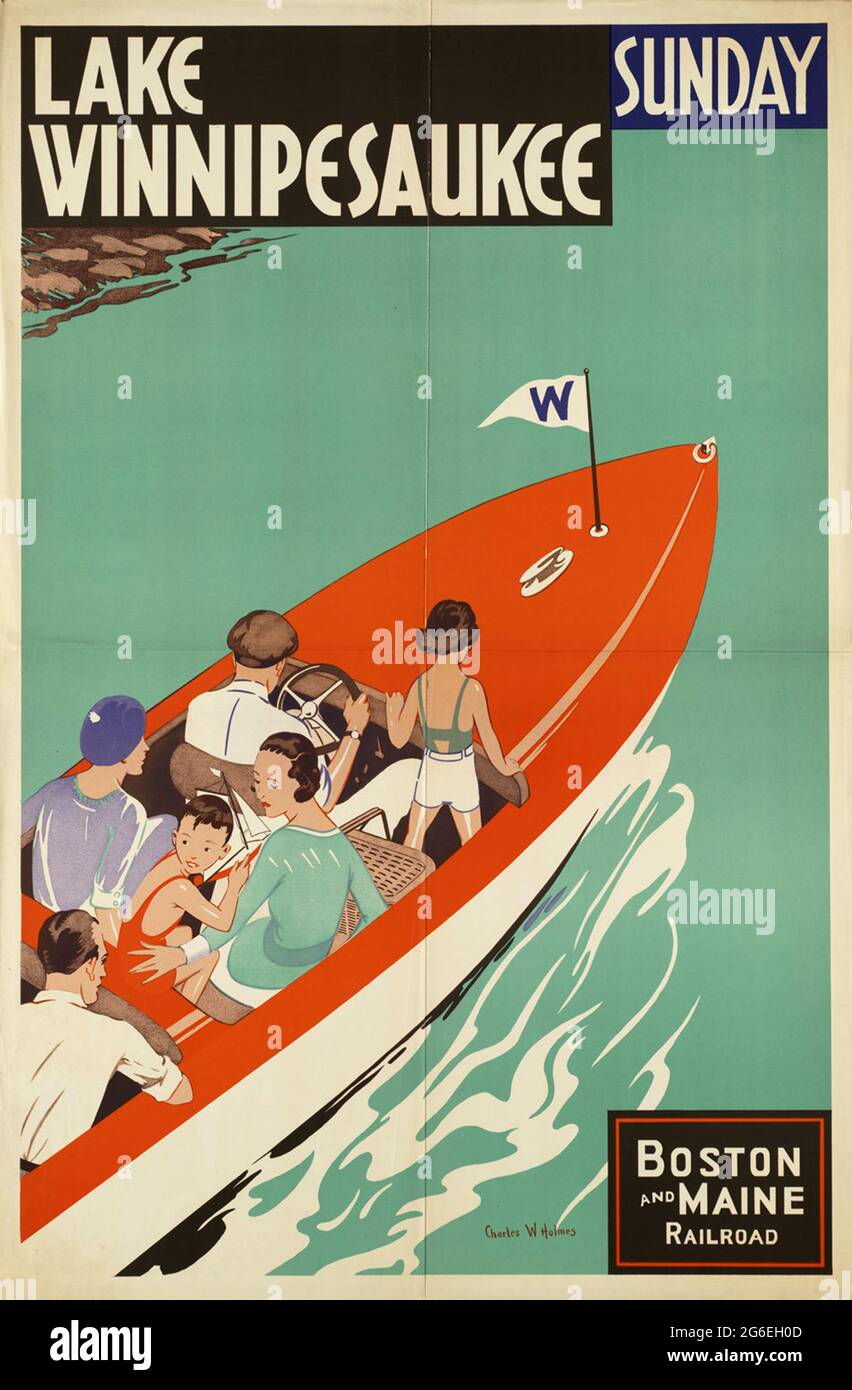 Une affiche de voyage vintage pour le lac Winnipesaukee dans le New Hampshire, États-Unis par le chemin de fer de Boston et Maine Banque D'Images Une affiche de voyage vintage pour le lac Winnipesaukee dans le New Hampshire, États-Unis par le chemin de fer de Boston et Maine Banque D'Images