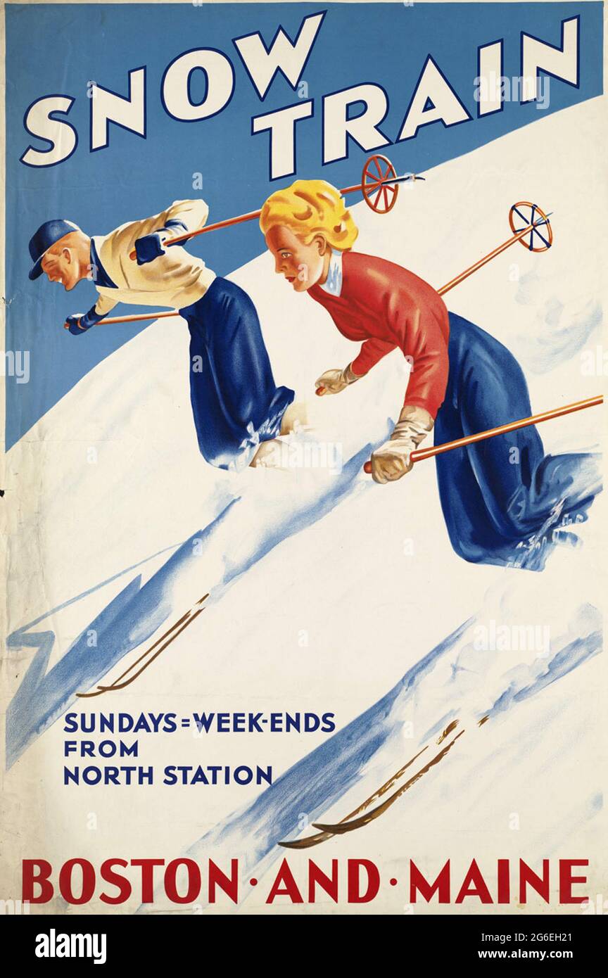 Affiche de voyage vintage pour le train à neige Boston and Maine Railroad Banque D'Images