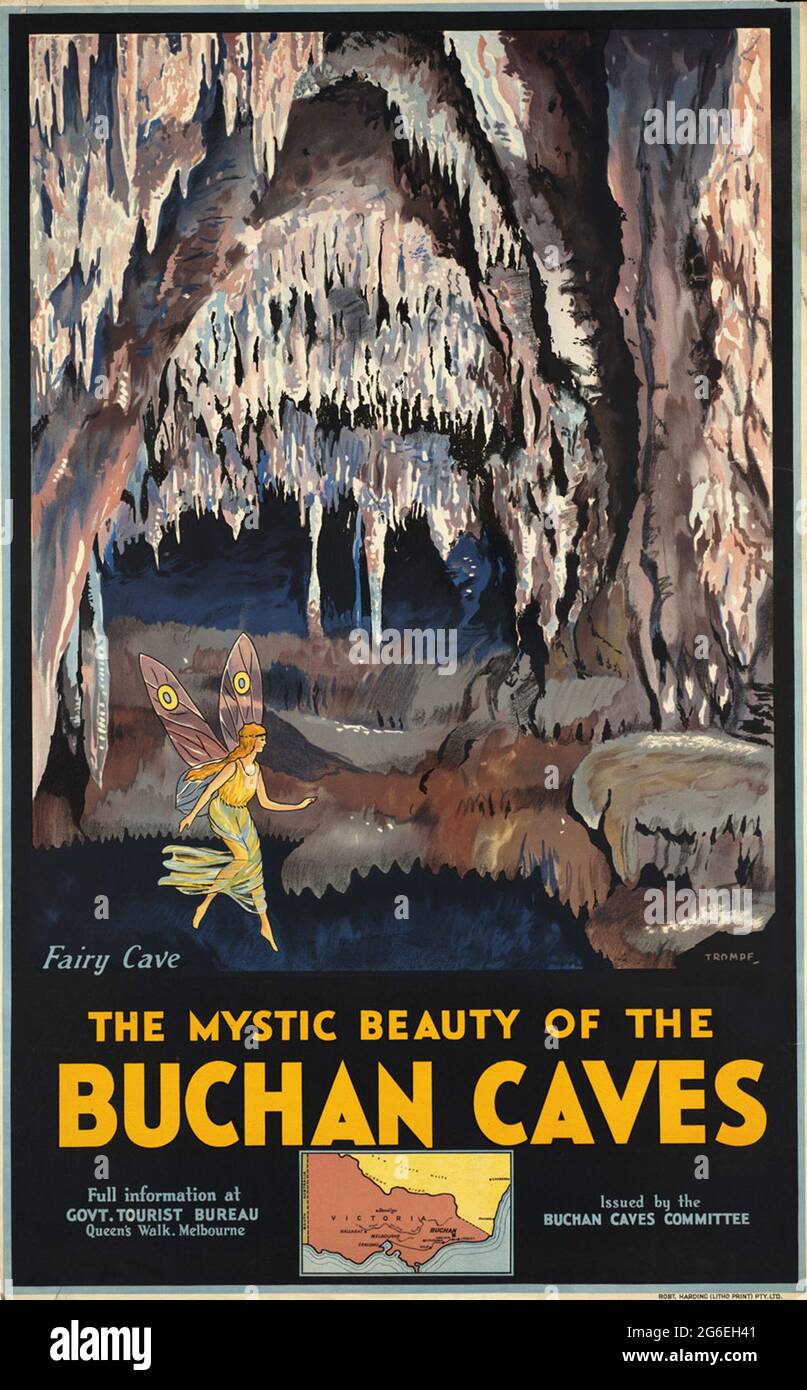 Affiche de voyage vintage pour les grottes de Buchan, Victoria, Australie, montrant les stalagtites de la grotte de Fairy Banque D'Images