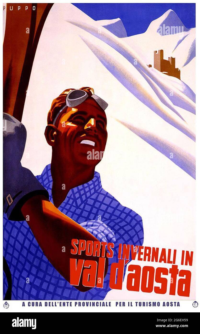 Une affiche de voyage vintage pour la vallée d'Aoste dans les Alpes italiennes Banque D'Images