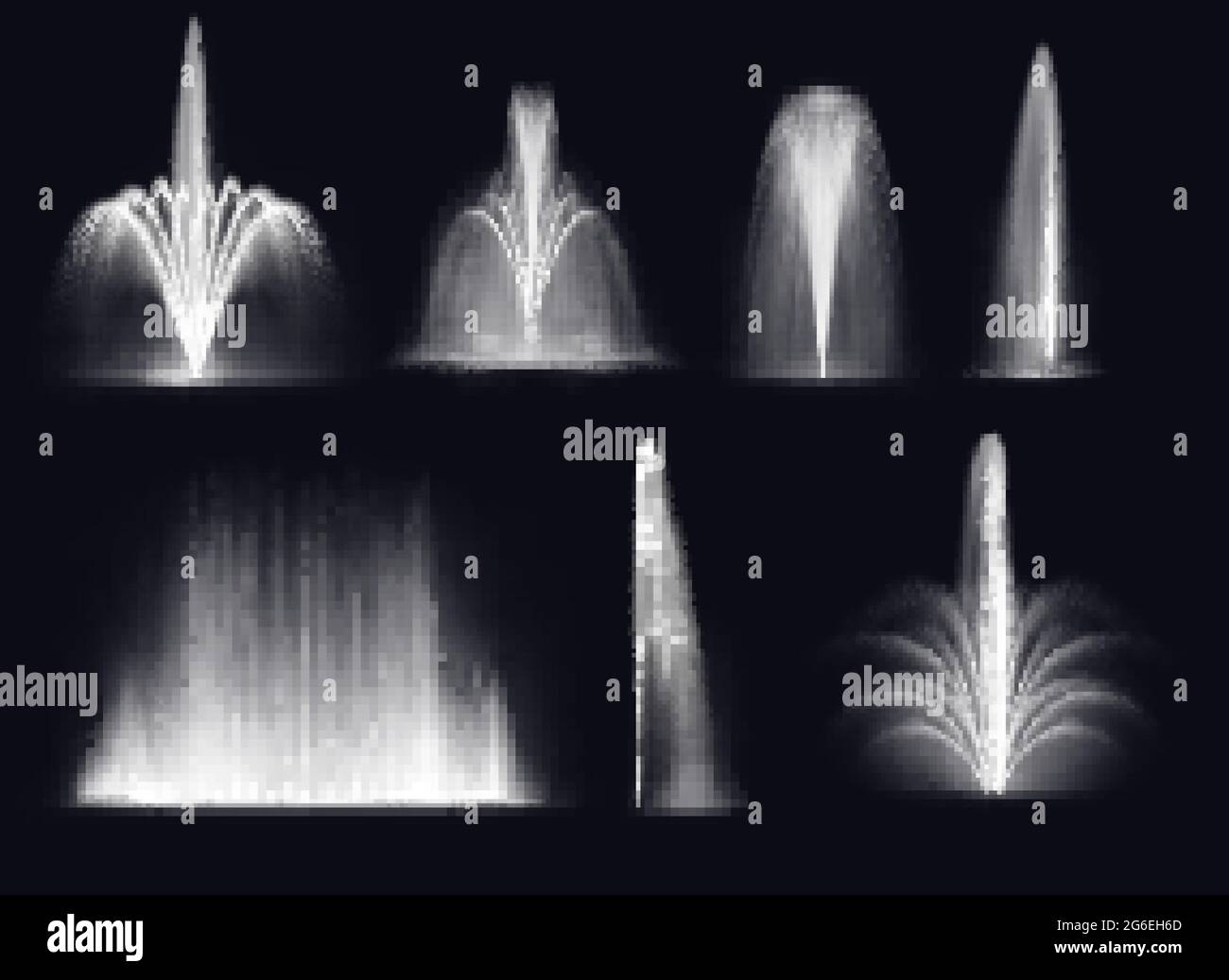 Jets d'eau ou geysers d'eau éclatent des éclaboussures. Parc ou jardin vectoriel réaliste, éclairé et lumineux dans l'obscurité fontaines pulvérisation élevée Illustration de Vecteur