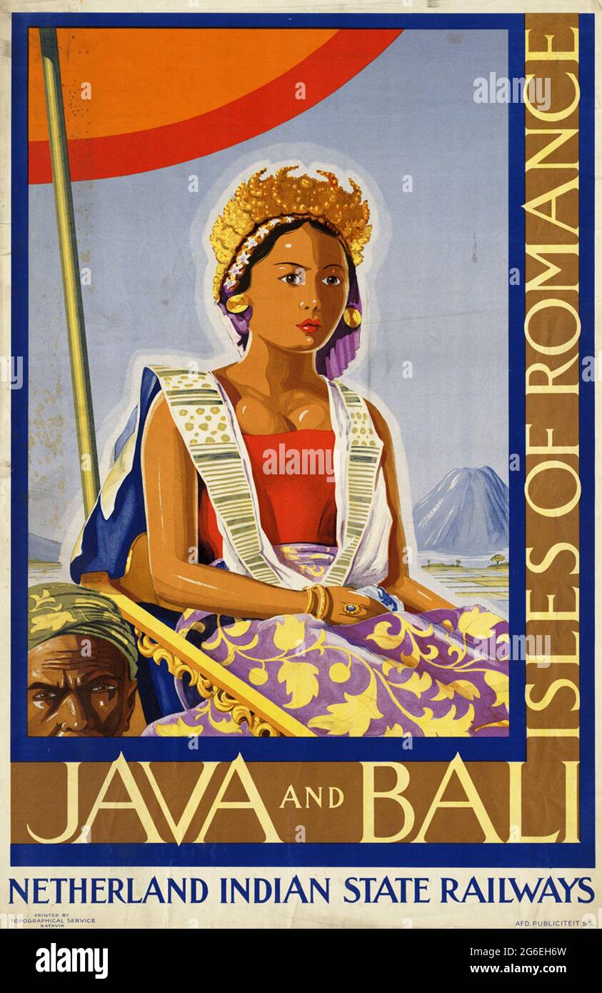 Une affiche de voyage vintage pour Java et Bali dans les Antilles néerlandaises (indonésie) avec les chemins de fer de l'État indien des pays-Bas Banque D'Images