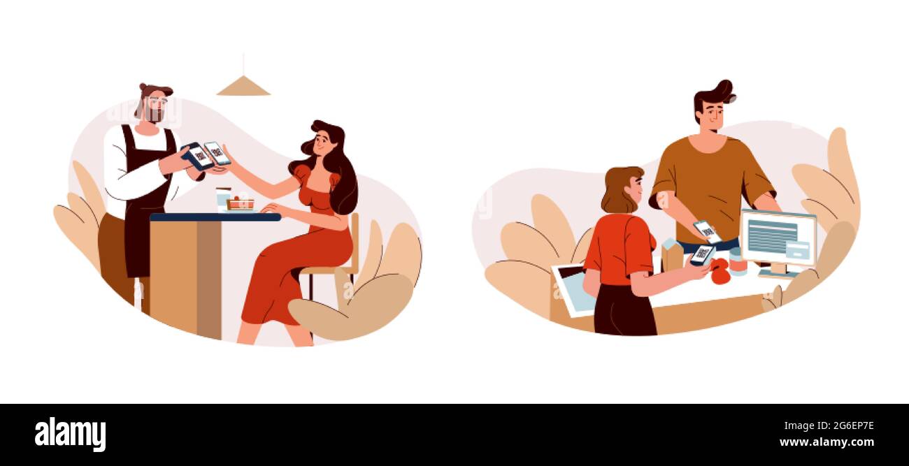 Les utilisateurs utilisent le téléphone pour scanner le code qr et payer rapidement sur Internet. Les acheteurs qui paient par application sur leur smartphone dans un café, un restaurant ou une boutique. Système de paiement mobile sans espèces ou sans contact concept plat. Illustration de Vecteur