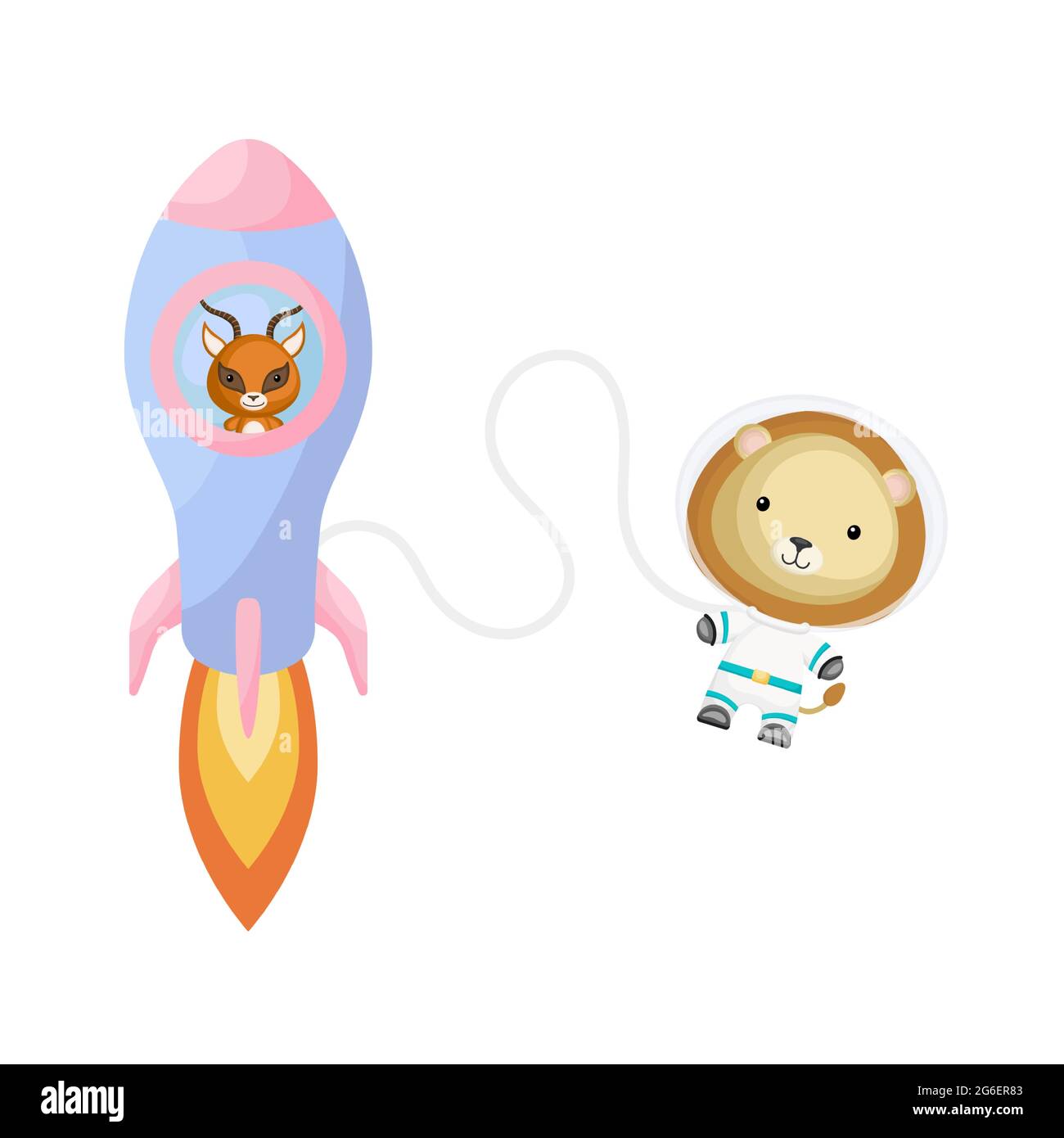Jolie petite gazelle volant dans une fusée bleue. Personnage de lion de dessin animé en costume d'espace avec fusée sur fond blanc. Design pour la douche de bébé, invitation Illustration de Vecteur