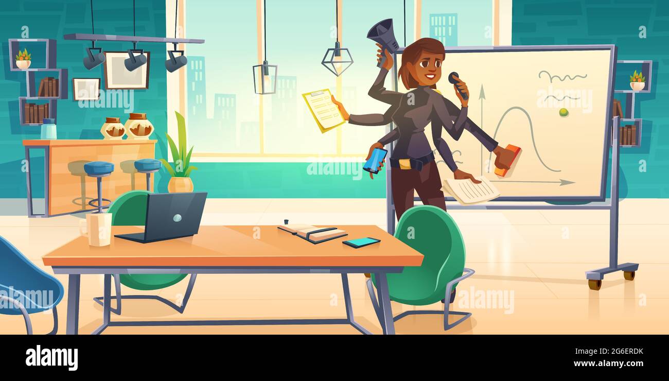 Femme d'affaires avec beaucoup de mains faire la présentation au bureau avec tableau blanc de marqueur. Concept multitâche. Illustration vectorielle d'une femme d'affaires avec smartphone, haut-parleur et documents dans les bras Illustration de Vecteur