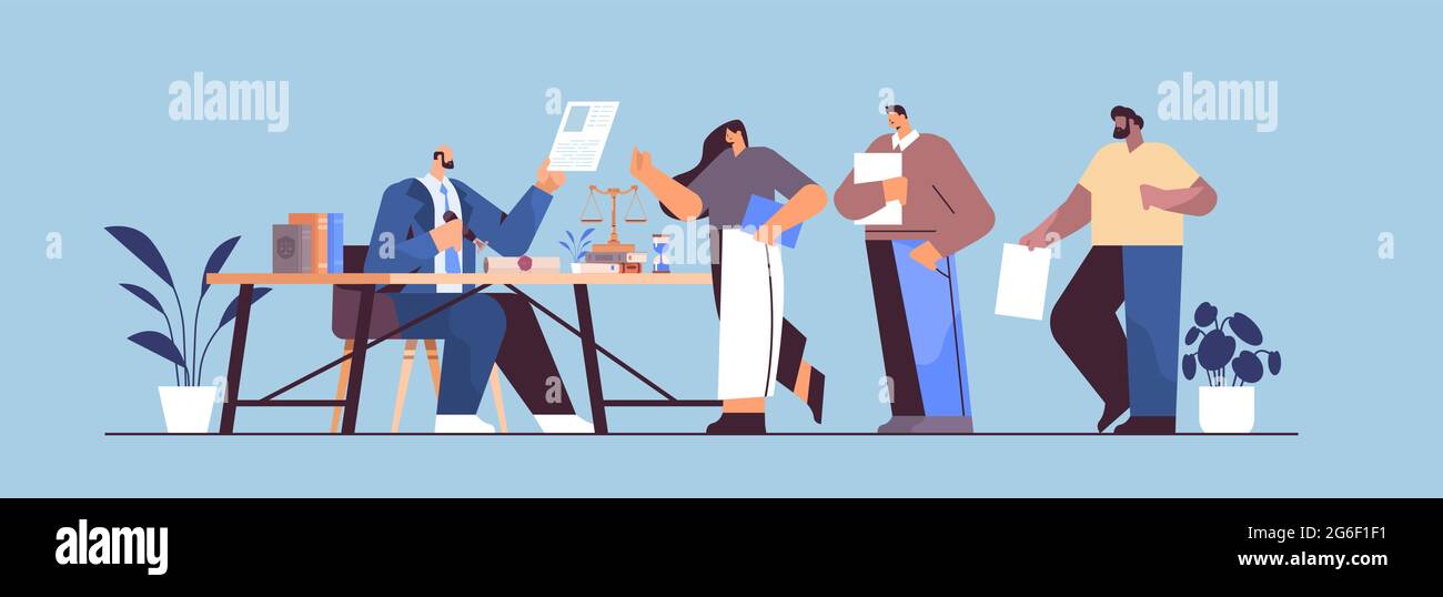 personnes visitant le bureau d'avocat pour la signature et la légalisation des documents estampant le document légal notaire public Illustration de Vecteur