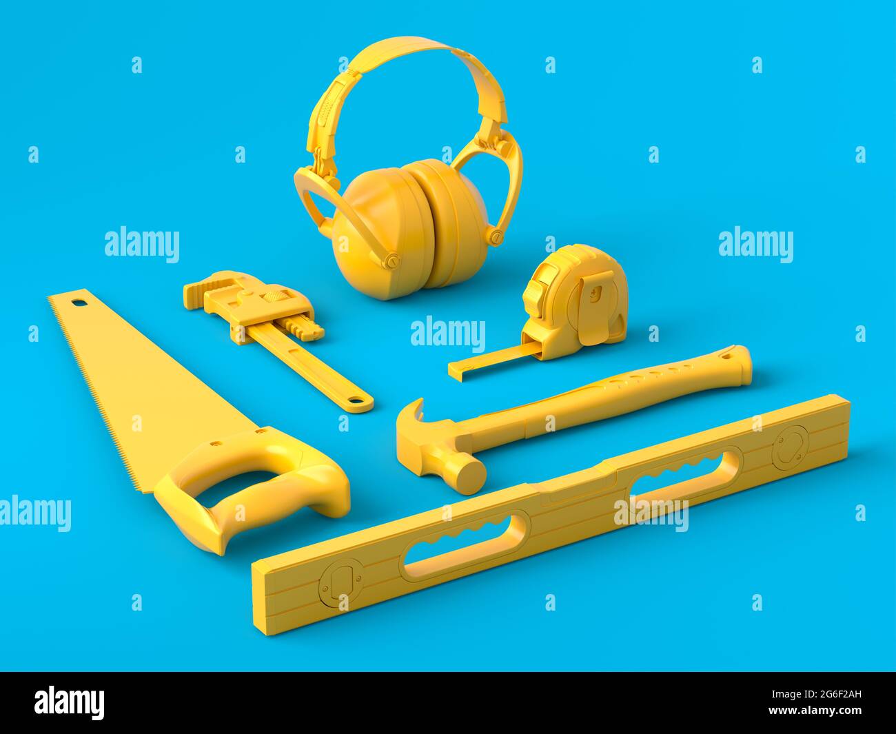 Vue isométrique des outils de construction monochromes pour la réparation et l'installation sur fond bleu et jaune. rendu 3d et illustration du service ba Banque D'Images Vue isométrique des outils de construction monochromes pour la réparation et l'installation sur fond bleu et jaune. rendu 3d et illustration du service ba Banque D'Images