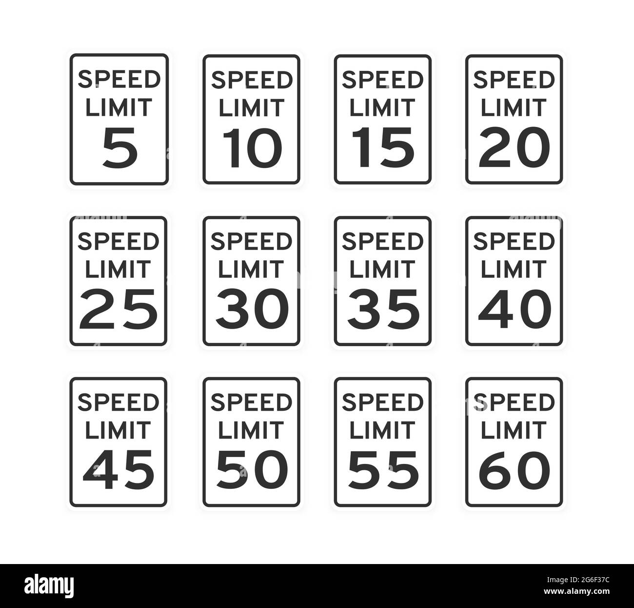 Limite de vitesse route icône panneaux de signalisation définir un style plat design illustration vectorielle isolée sur fond blanc. Signalisation routière standard verticale avec texte et Illustration de Vecteur