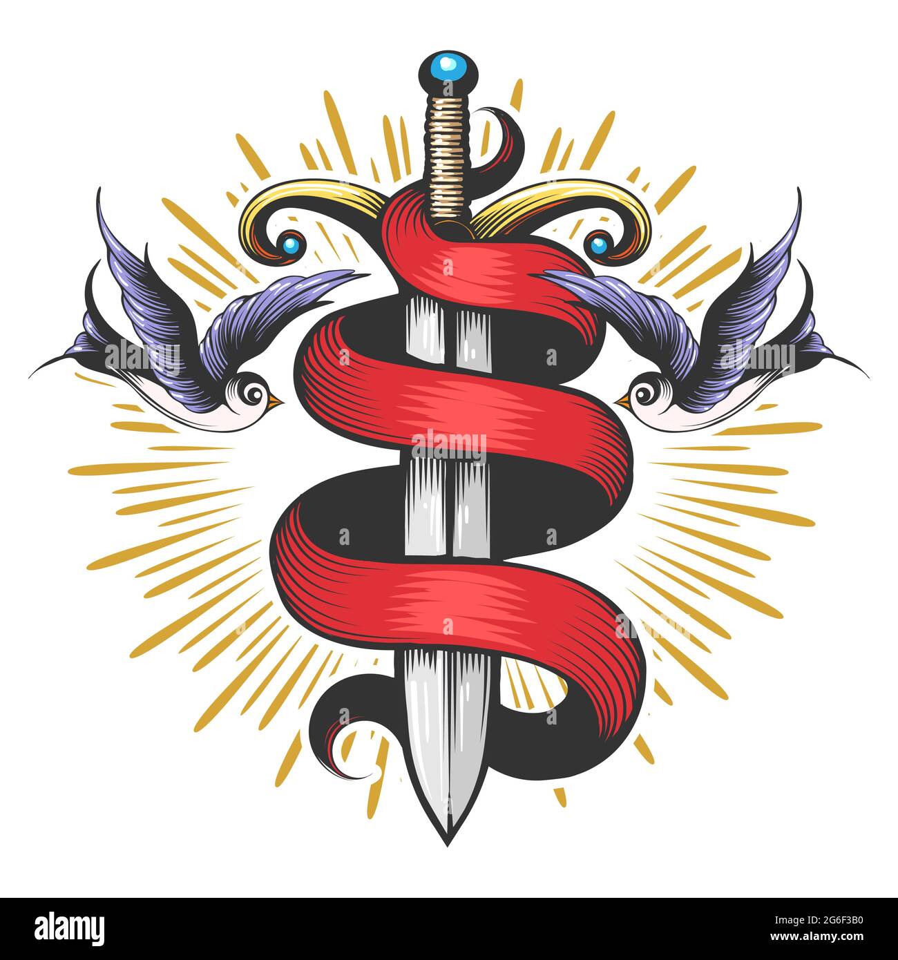 Tatouage de épée avec ruban et deux swlows dessinés en style gravure. Illustration vectorielle. Illustration de Vecteur