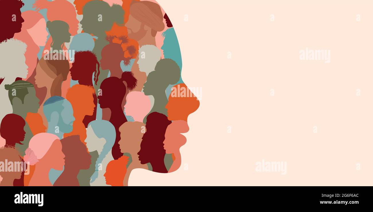 Espace de copie de bannière. Profil de silhouette groupe d'hommes et de femmes de la culture diversifiée. Diversité des personnes multiethniques et multiraciales. Égalité raciale Illustration de Vecteur