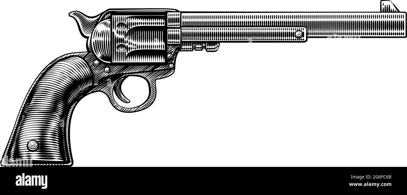 Pistolet style WESTERN Cowboy pistolet Revolver Woodcut Illustration de Vecteur