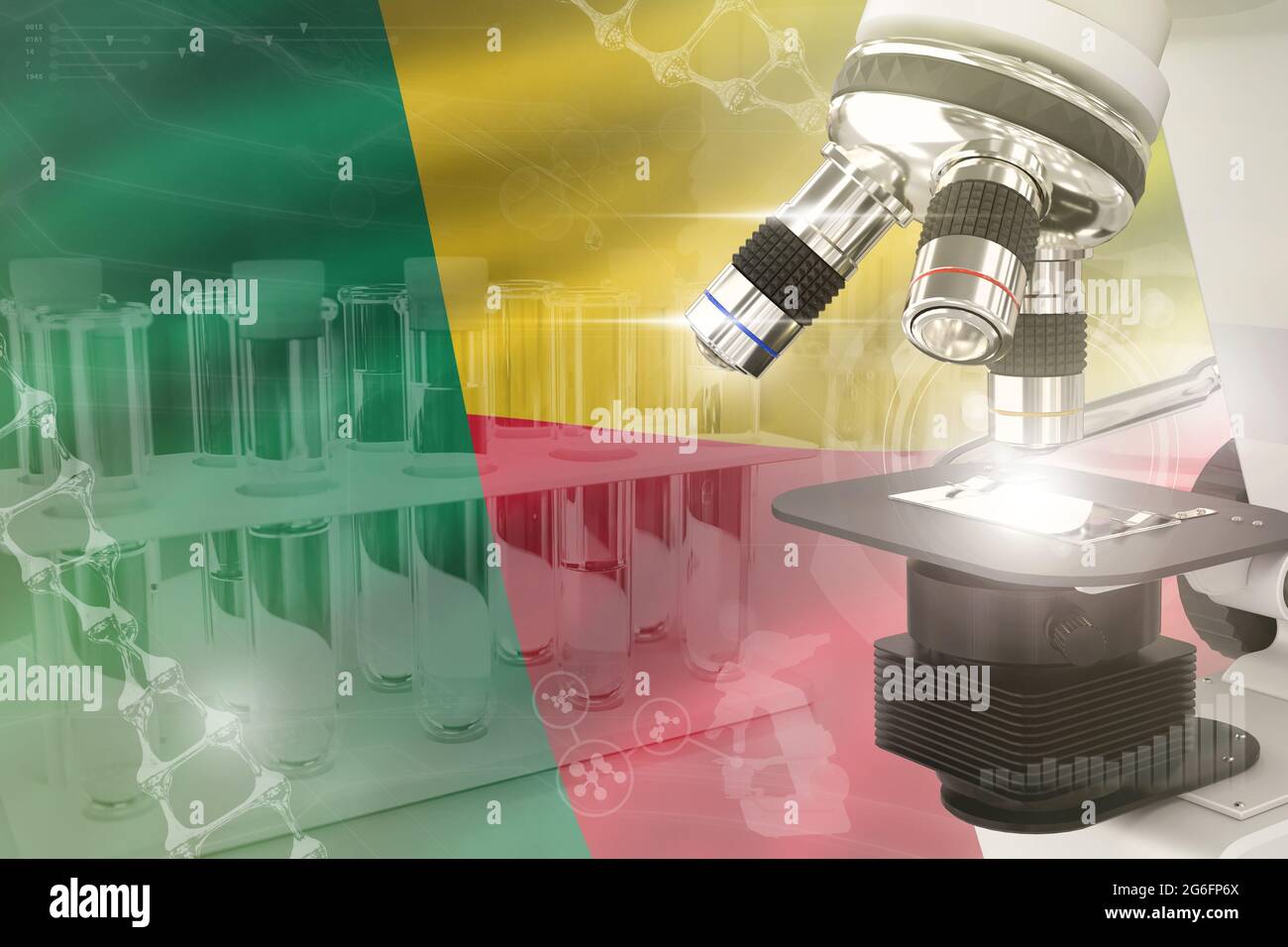 Bénin développement scientifique fond numérique - microscope sur drapeau. Recherche du concept de conception de la médecine, illustration 3D de l'objet Banque D'Images Bénin développement scientifique fond numérique - microscope sur drapeau. Recherche du concept de conception de la médecine, illustration 3D de l'objet Banque D'Images