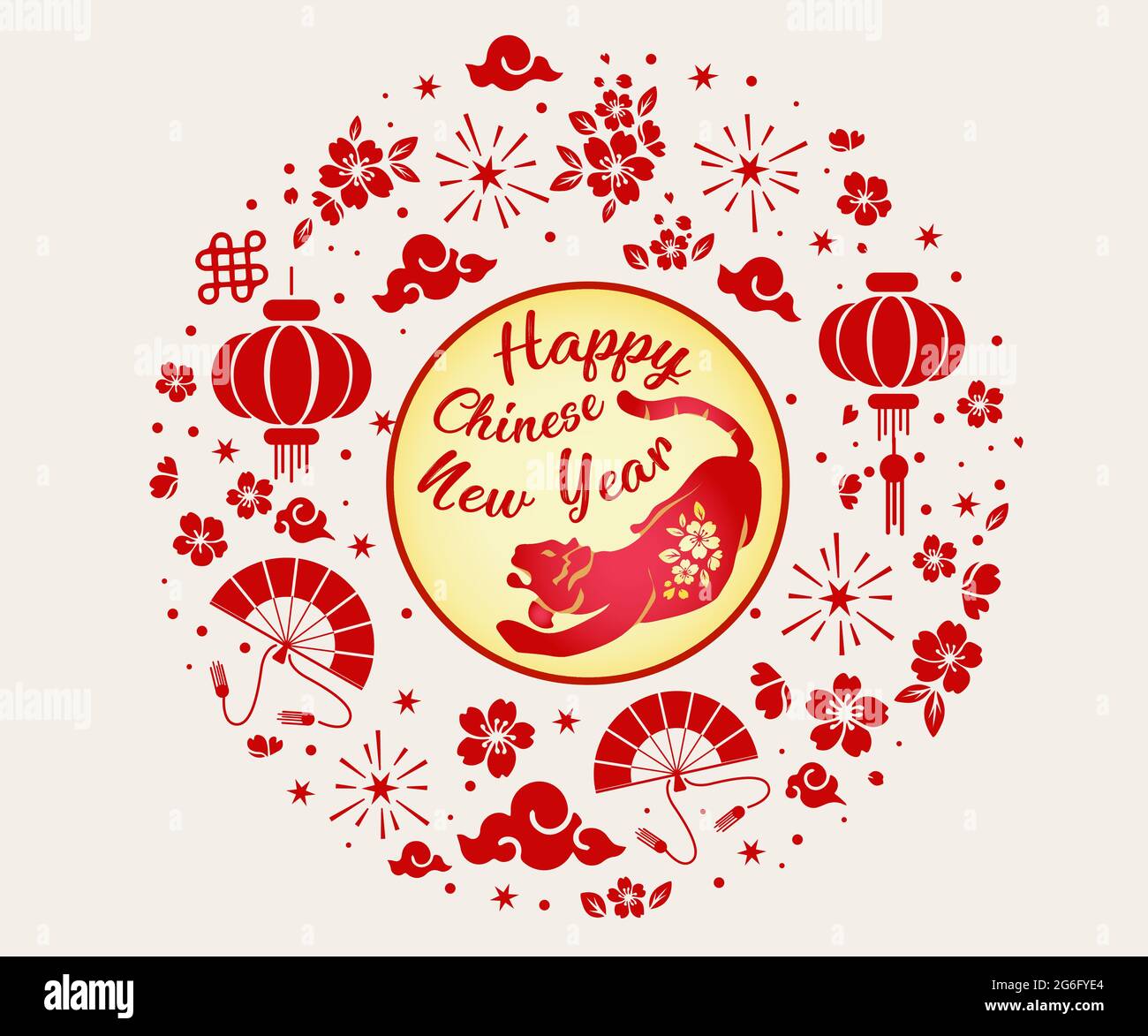 Joyeux nouvel an chinois 2022 signe zodiaque, année du tigre, papier rouge et or, fleurs et éléments asiatiques avec style artisanal sur fond, Noël ta Illustration de Vecteur