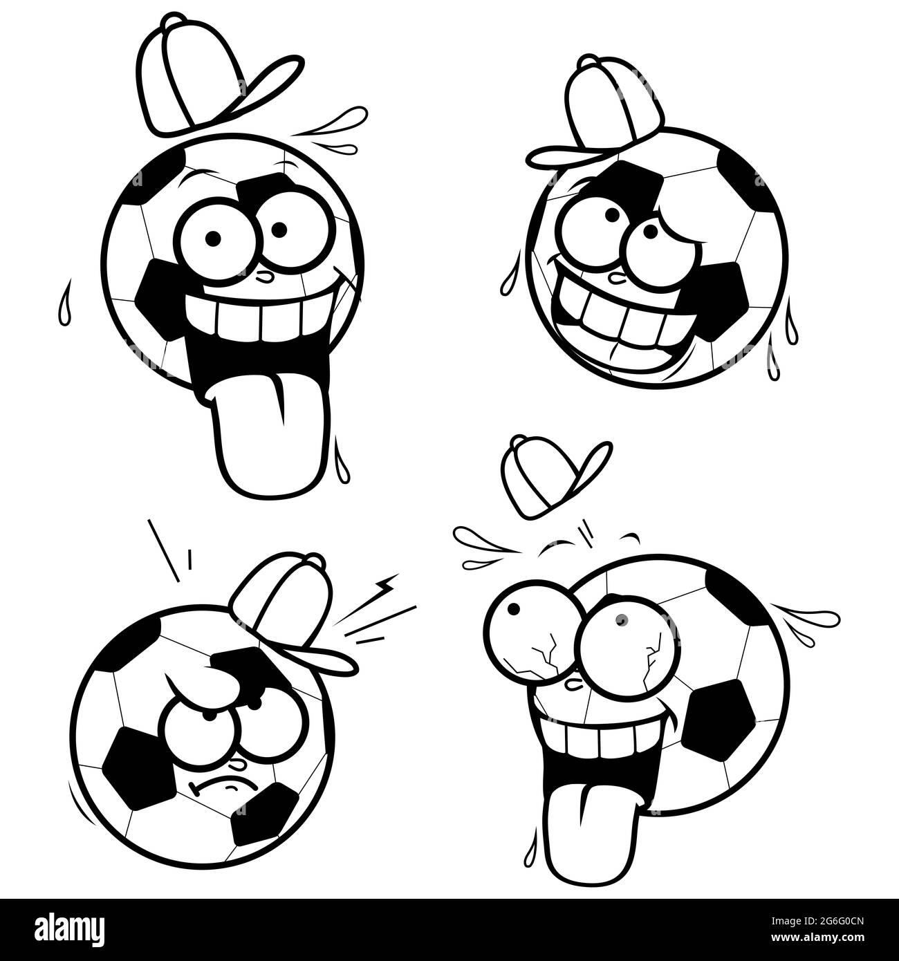 Ballons de football à dessin animé. Page de couleur noir et blanc Banque D'Images