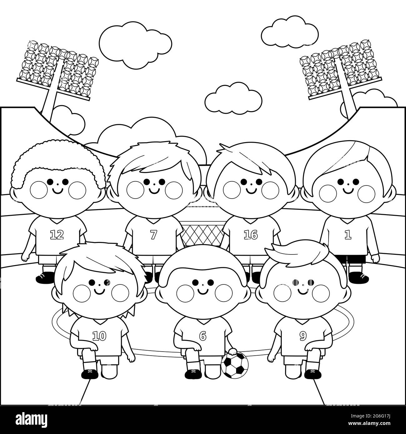 Équipe de football pour enfants dans un stade. Page de couleur noir et blanc Banque D'Images