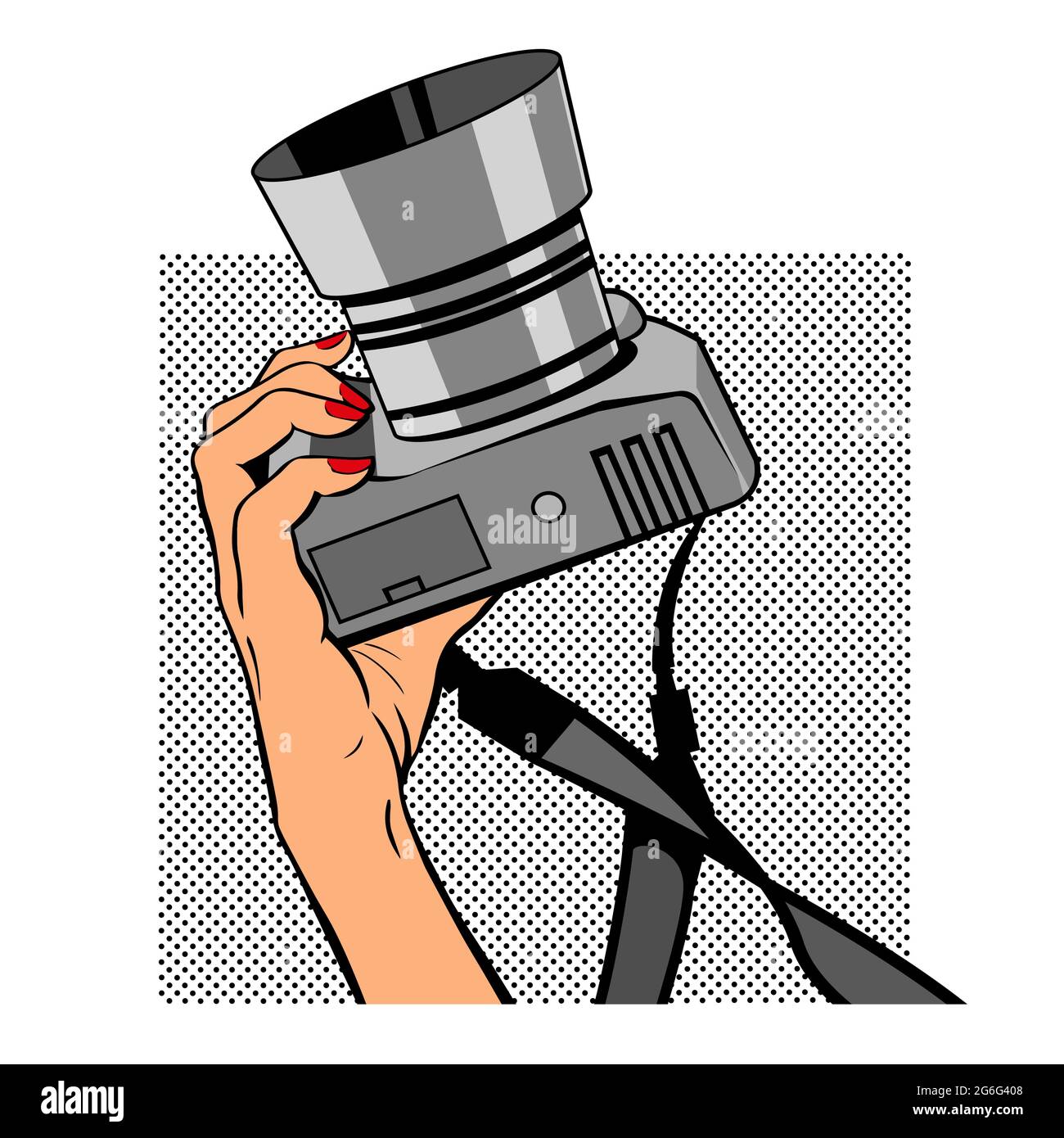 Main femelle avec un appareil photo. Photographier en studio. Industrie de la mode et de la beauté. Illustration de dessin animé vectoriel de style pop art rétro Illustration de Vecteur
