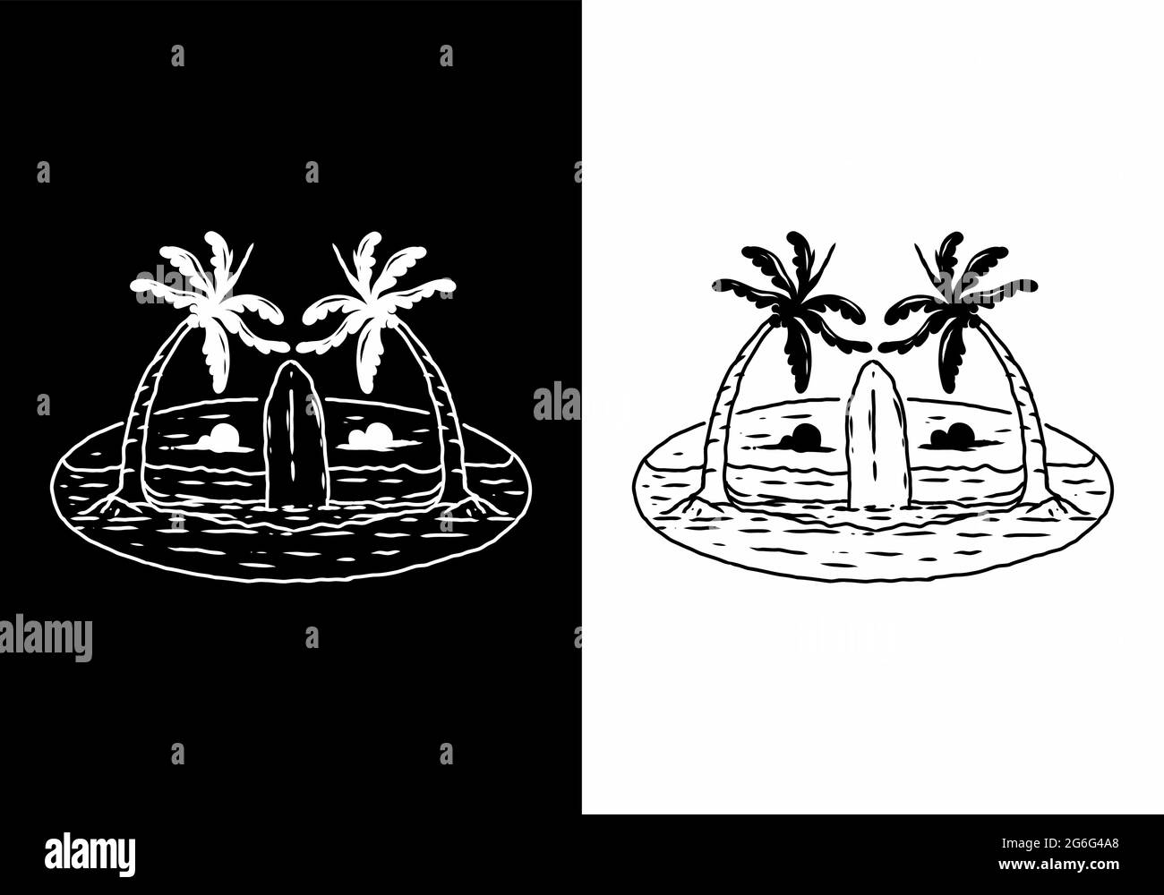 Dessin d illustration noir et blanc du surf et de la plage Image