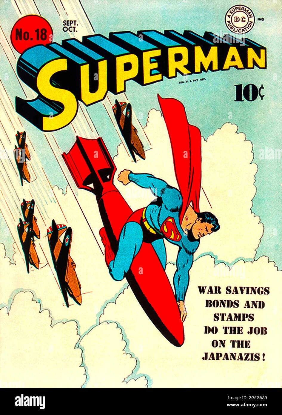 SUPERMAN le héros de la bande dessinée américaine sur une couverture 1941 de la série publiée par DC Comics. Les avions présentés sont Bell Airacobras qui est entré en service avec l'USAAF cette année-là. Banque D'Images