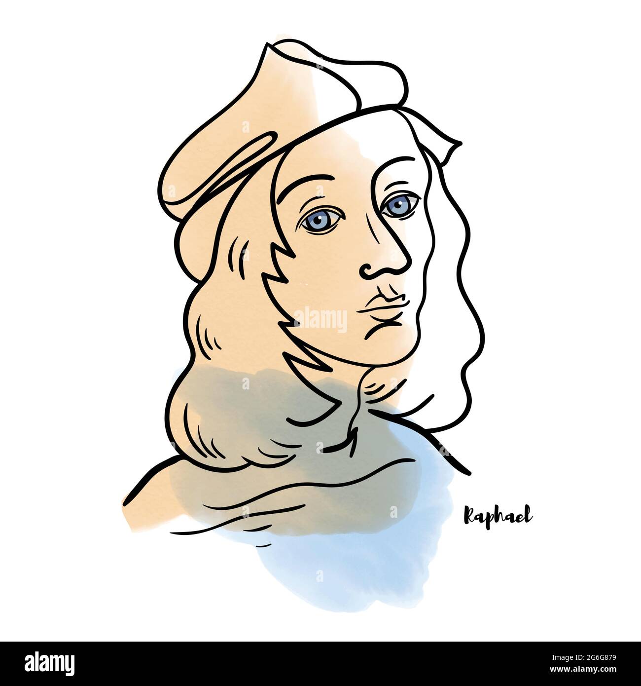 Portrait aquarelle dessiné à la main du célèbre artiste Raphael vector avec contours encreurs. Peintre italien et architecte de la haute Renaissance. Illustration de Vecteur