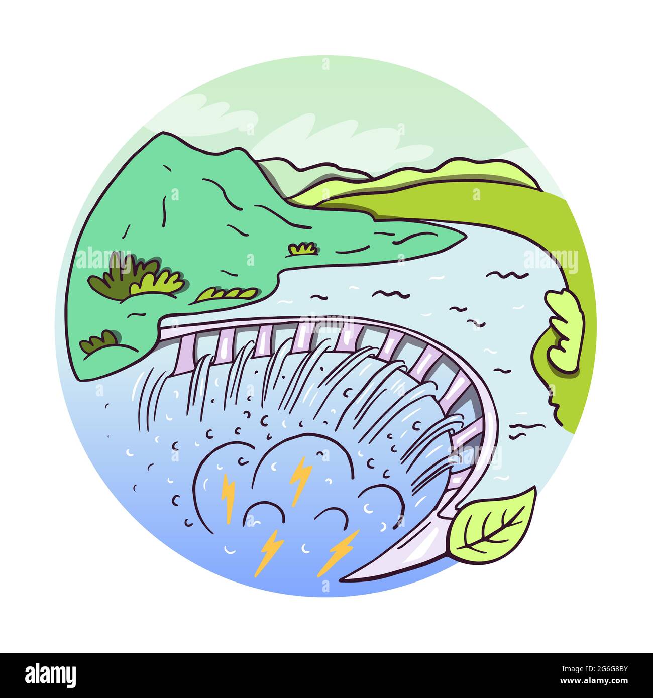 Illustration plate à vecteur hydroélectricité dans des couleurs vives. Composition ronde. Illustration de Vecteur