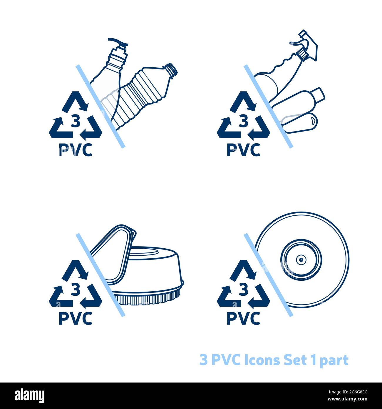 Code de recyclage 3 (PVC - Chlorure de polyvinyle) ensemble d'icônes de contour. Vider les articles en plastique transparent sur fond blanc. Illustration de Vecteur