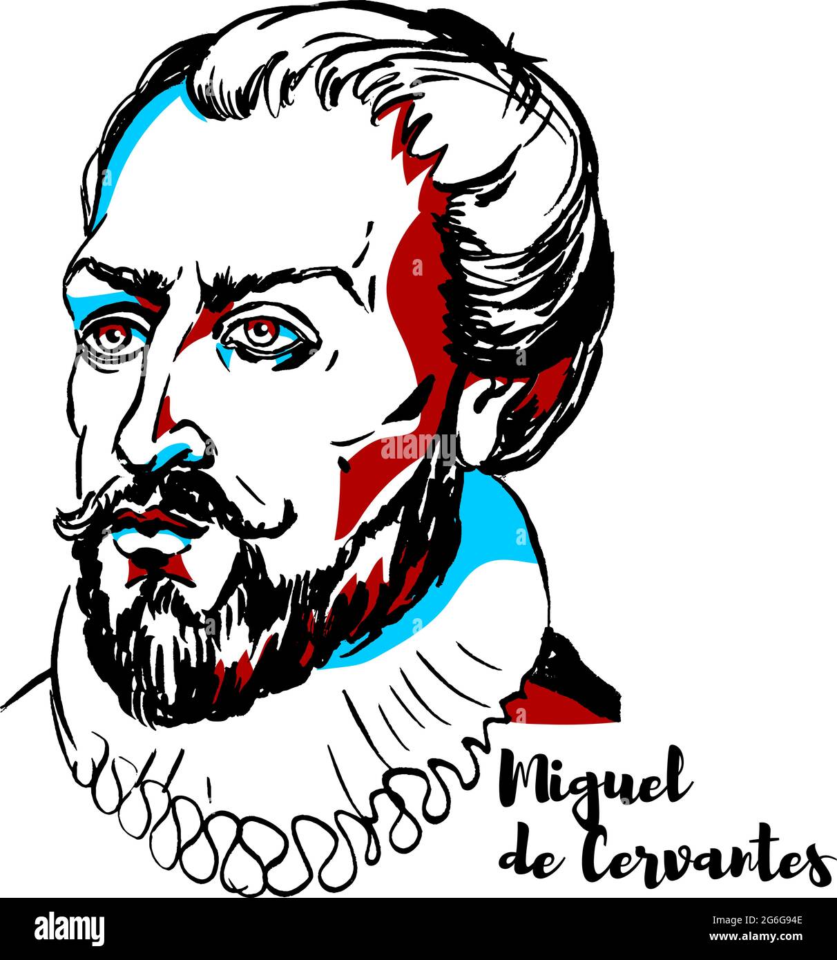 Miguel de Cervantes Portrait vectoriel gravé avec contours encreurs. Écrivain espagnol qui est largement considéré comme le plus grand écrivain dans la langue espagnole a Illustration de Vecteur