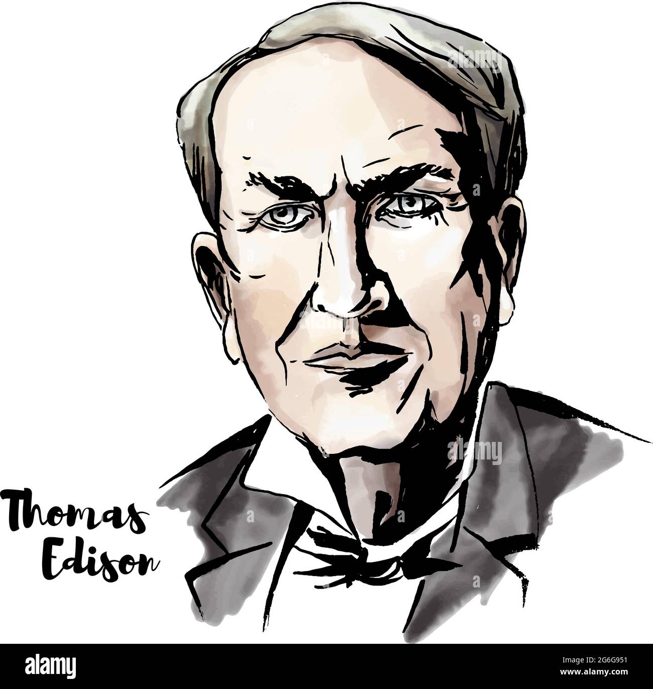 Portrait vectoriel d'aquarelle Thomas Edison avec contours d'encre. Inventeur et homme d'affaires américain, qui a été décrit comme le plus grand inventeur de l'Amérique. Illustration de Vecteur
